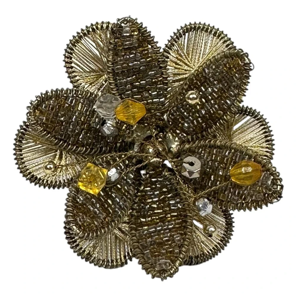 Pier 1 Beaded Metal Flower Napkin Ring Set‎ Of 6 Gold Tone Yellow Spun Wire